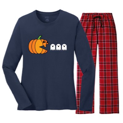 Funny Halloween Pumpkin Eating Ghost Gamer Kids Women's Long Sleeve Flannel Pajama Set 