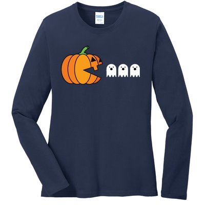 Funny Halloween Pumpkin Eating Ghost Gamer Kids Ladies Long Sleeve Shirt