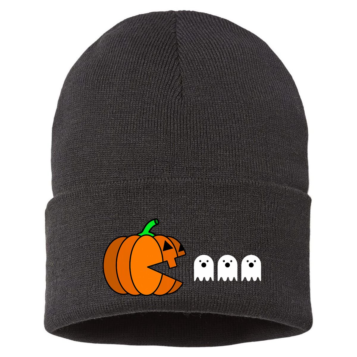 Funny Halloween Pumpkin Eating Ghost Gamer Sustainable Knit Beanie