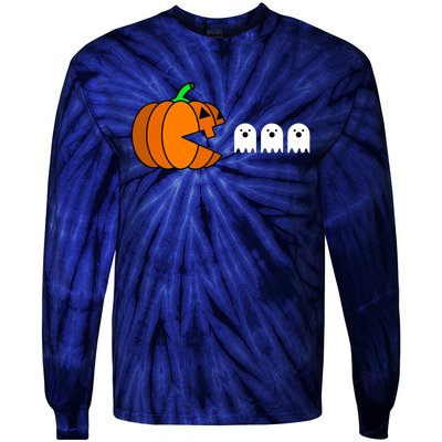 Funny Halloween Pumpkin Eating Ghost Gamer Tie-Dye Long Sleeve Shirt