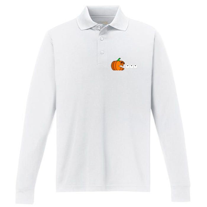 Funny Halloween Pumpkin Eating Ghost Gamer Performance Long Sleeve Polo