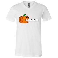 Funny Halloween Pumpkin Eating Ghost Gamer V-Neck T-Shirt