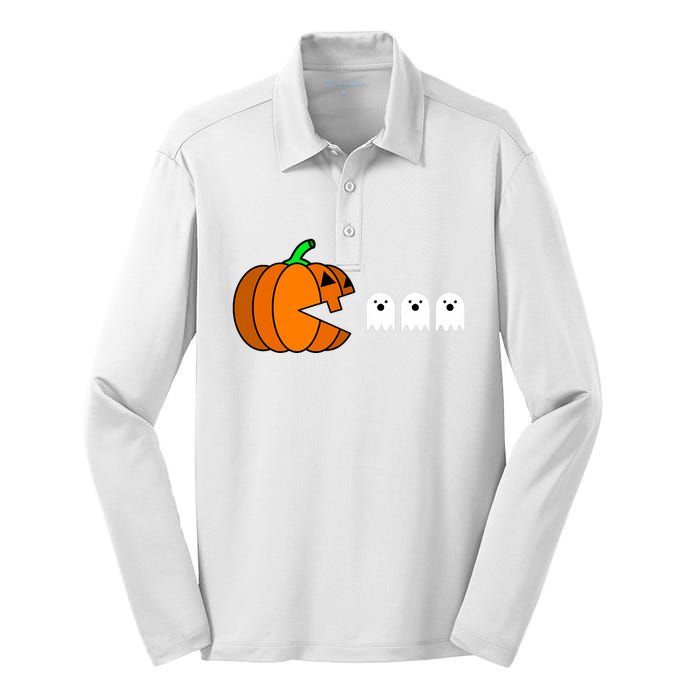 Funny Halloween Pumpkin Eating Ghost Gamer Silk Touch Performance Long Sleeve Polo