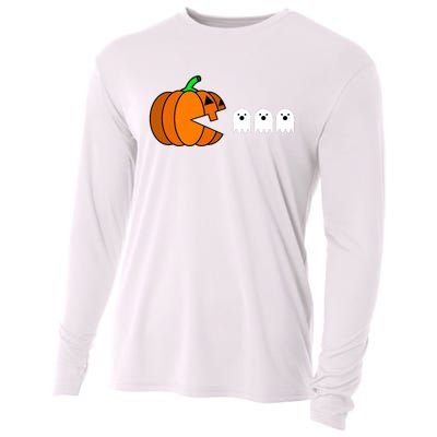 Funny Halloween Pumpkin Eating Ghost Gamer Cooling Performance Long Sleeve Crew