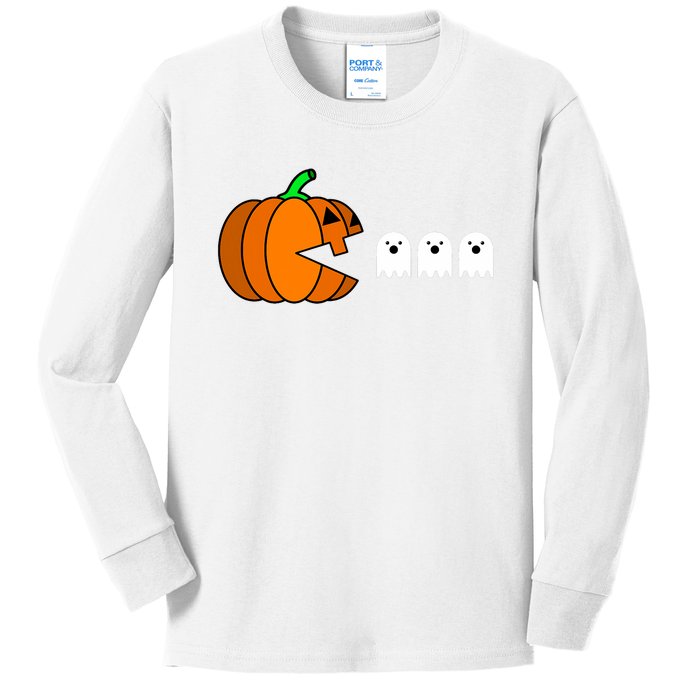 Funny Halloween Pumpkin Eating Ghost Gamer Kids Long Sleeve Shirt