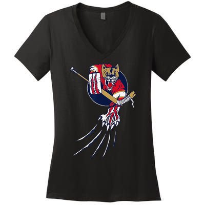Florida Hockey Player Goalie Beast Ice Panther Cat Cougar Women's V-Neck T-Shirt