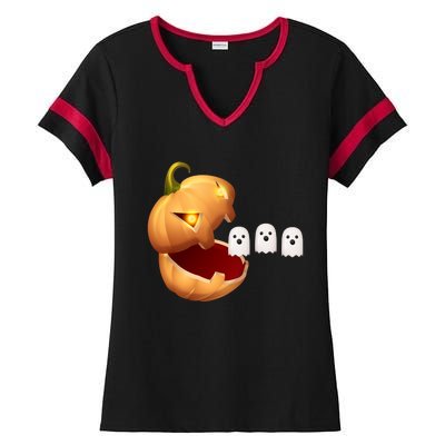 Funny Halloween Pumpkin Eating Ghost Ladies Halftime Notch Neck Tee