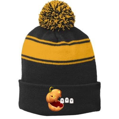 Funny Halloween Pumpkin Eating Ghost Stripe Pom Pom Beanie