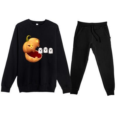 Funny Halloween Pumpkin Eating Ghost Premium Crewneck Sweatsuit Set