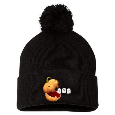 Funny Halloween Pumpkin Eating Ghost Pom Pom 12in Knit Beanie