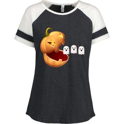 Funny Halloween Pumpkin Eating Ghost Enza Ladies Jersey Colorblock Tee