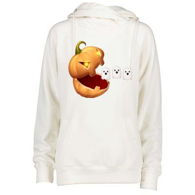 Funny Halloween Pumpkin Eating Ghost Womens Funnel Neck Pullover Hood