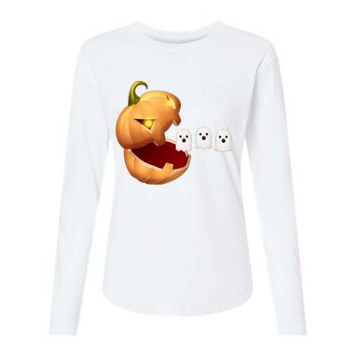 Funny Halloween Pumpkin Eating Ghost Womens Cotton Relaxed Long Sleeve T-Shirt