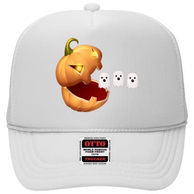 Funny Halloween Pumpkin Eating Ghost High Crown Mesh Back Trucker Hat