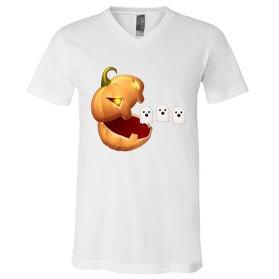 Funny Halloween Pumpkin Eating Ghost V-Neck T-Shirt