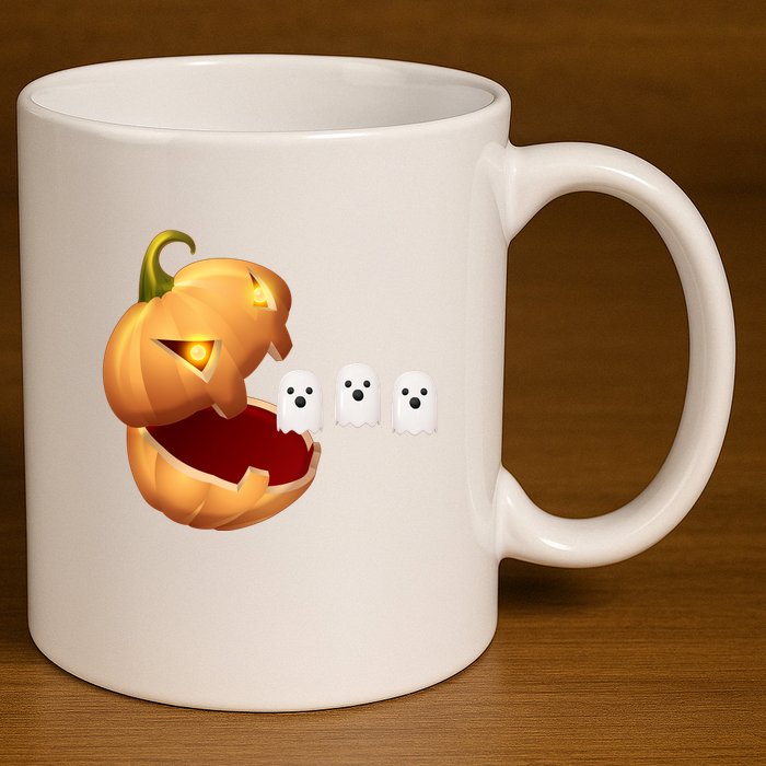 Funny Halloween Pumpkin Eating Ghost 11oz C Handle Ceramic Mug