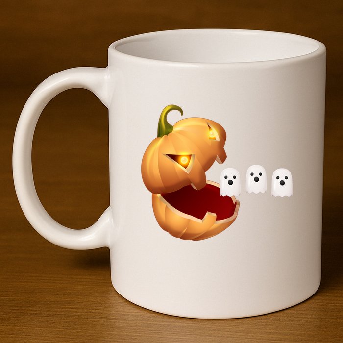 Funny Halloween Pumpkin Eating Ghost 11oz C Handle Ceramic Mug