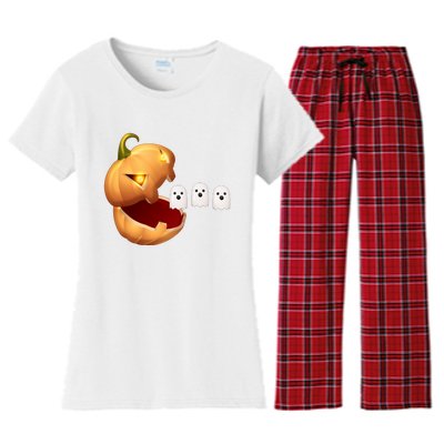 Funny Halloween Pumpkin Eating Ghost Women's Flannel Pajama Set