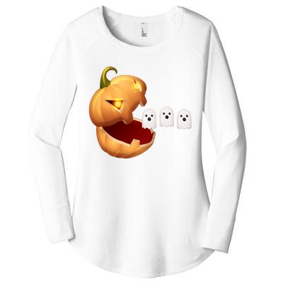 Funny Halloween Pumpkin Eating Ghost Women's Perfect Tri Tunic Long Sleeve Shirt