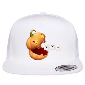 Funny Halloween Pumpkin Eating Ghost Flat Bill Trucker Hat