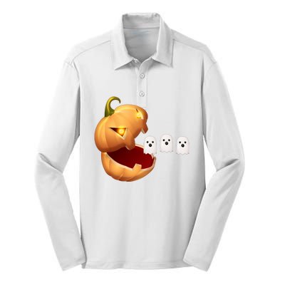 Funny Halloween Pumpkin Eating Ghost Silk Touch Performance Long Sleeve Polo