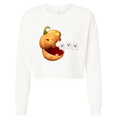 Funny Halloween Pumpkin Eating Ghost Cropped Pullover Crew