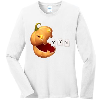 Funny Halloween Pumpkin Eating Ghost Ladies Long Sleeve Shirt