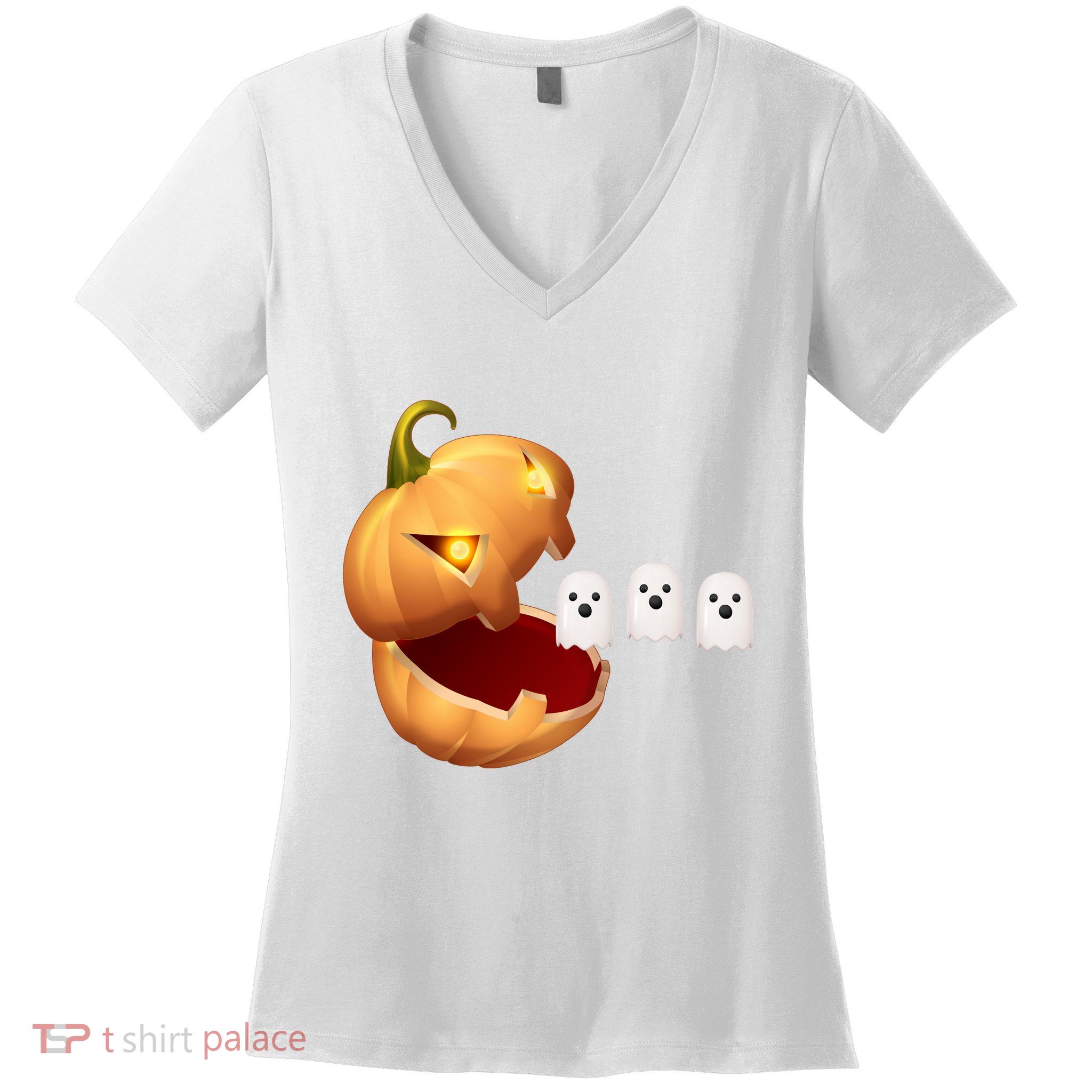 Funny Halloween Pumpkin Eating Ghost Women's V-Neck T-Shirt