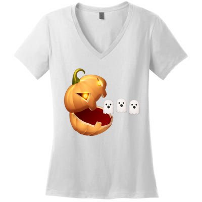 Funny Halloween Pumpkin Eating Ghost Women's V-Neck T-Shirt