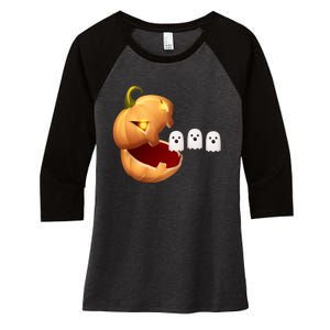 Funny Halloween Pumpkin Eating Ghost Women's Tri-Blend 3/4-Sleeve Raglan Shirt