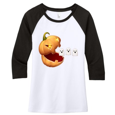 Funny Halloween Pumpkin Eating Ghost Women's Tri-Blend 3/4-Sleeve Raglan Shirt