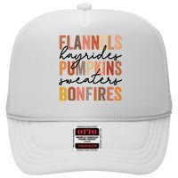 Flannels Hayrides Pumpkins Vintage Sweaters Bonfires Autumn High Crown Mesh Back Trucker Hat