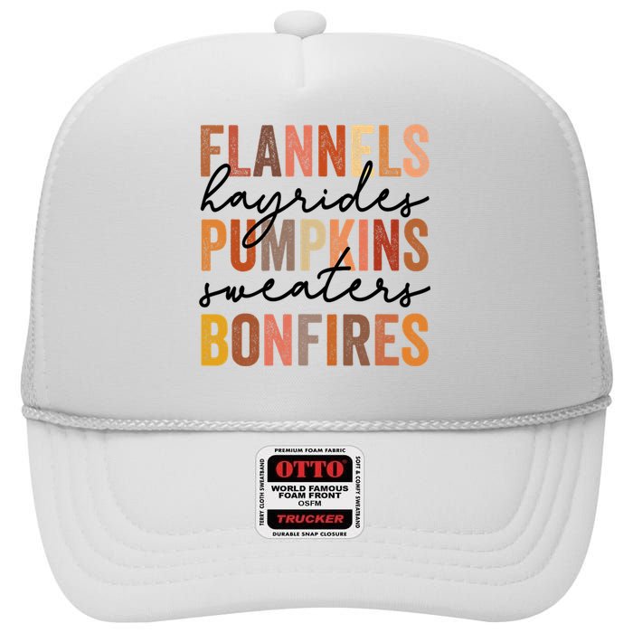 Flannels Hayrides Pumpkins Vintage Sweaters Bonfires Autumn High Crown Mesh Back Trucker Hat