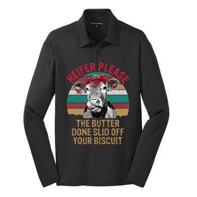 Funny Heifer Please The Butter Done Slid Off Your Biscuit Silk Touch Performance Long Sleeve Polo