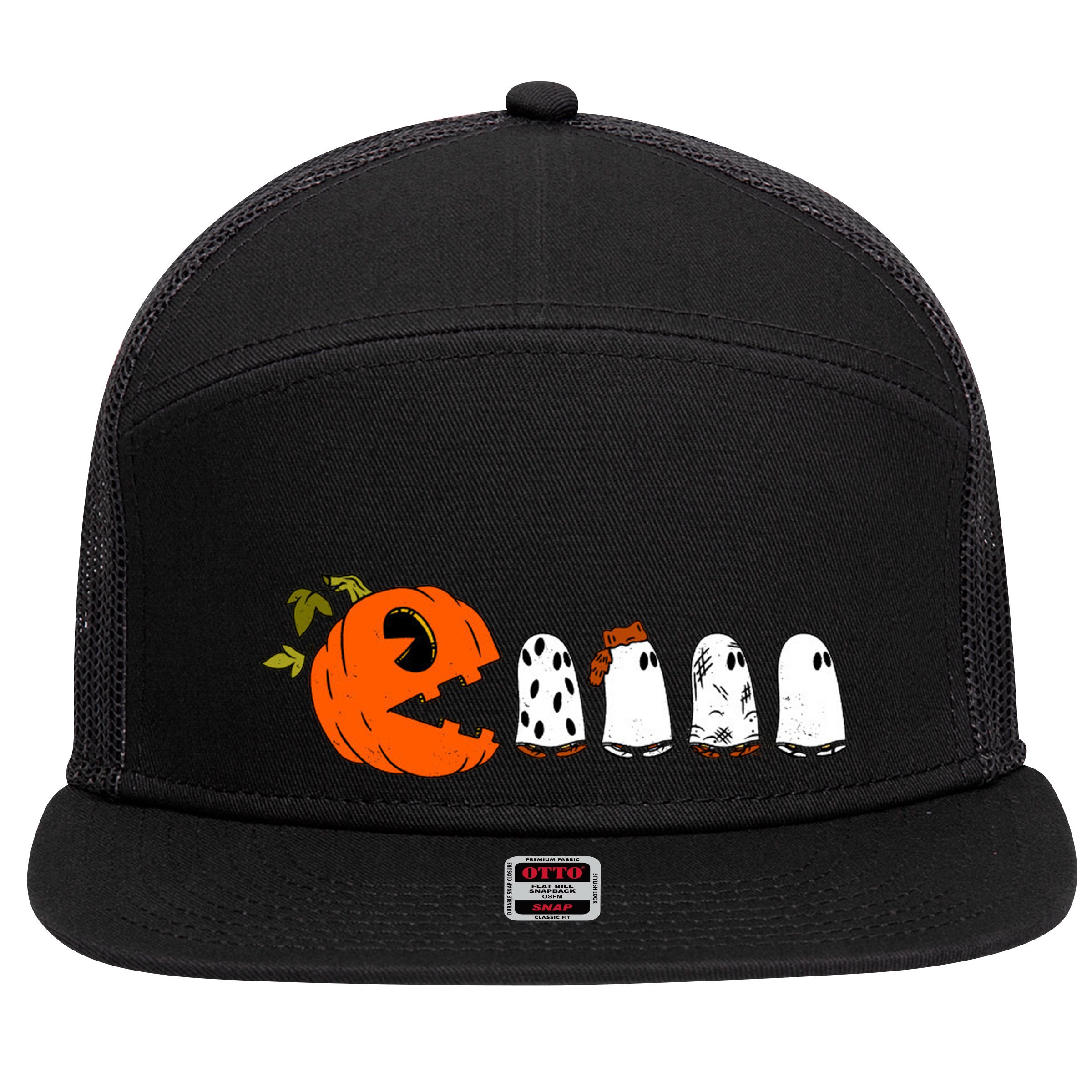Funny Halloween Pumpkin Ghosts Retro Gamer 7 Panel Mesh Trucker Snapback Hat