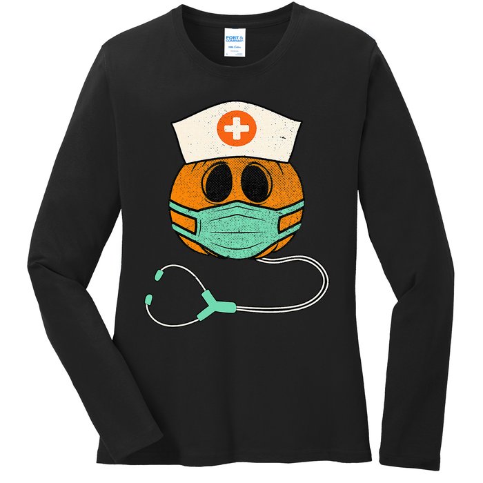 Funny Halloween Pumpkin Nurse Costume Ladies Long Sleeve Shirt