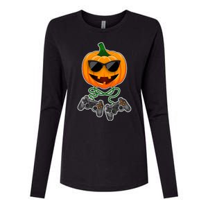 Funny Halloween Pumpkin Video Gamer Womens Cotton Relaxed Long Sleeve T-Shirt