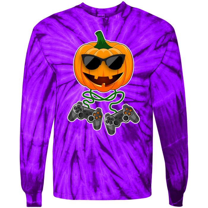 Funny Halloween Pumpkin Video Gamer Tie-Dye Long Sleeve Shirt