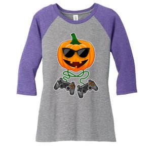 Funny Halloween Pumpkin Video Gamer Women's Tri-Blend 3/4-Sleeve Raglan Shirt