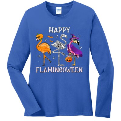 Flamingoween Halloween Pink Flamingo Costume Skeleton Witch Ladies Long Sleeve Shirt