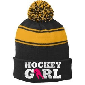 Field Hockey  Player Silhouette Sport Gift Stripe Pom Pom Beanie