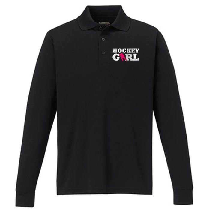 Field Hockey  Player Silhouette Sport Gift Performance Long Sleeve Polo