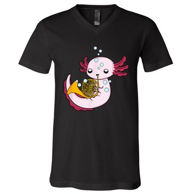 French Horn Player Kids Axolotl Big Band French Horn V-Neck T-Shirt