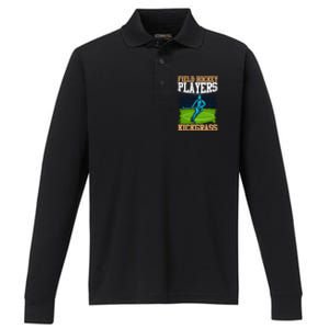 Field Hockey Players Kick Grass Game Day Hockey Stick Gift Performance Long Sleeve Polo