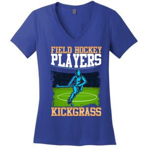 Field Hockey Players Kick Grass Game Day Hockey Stick Gift Women's V-Neck T-Shirt