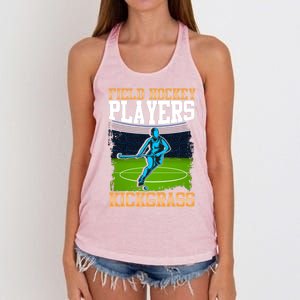 Field Hockey Players Kick Grass Game Day Hockey Stick Gift Women's Knotted Racerback Tank