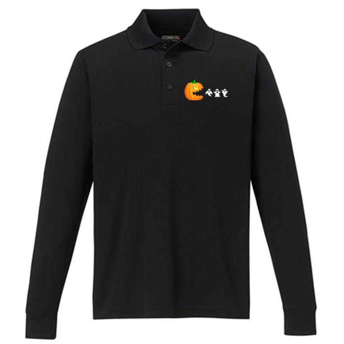 Funny Halloween Pumpkin Eating Ghost Gamer Performance Long Sleeve Polo