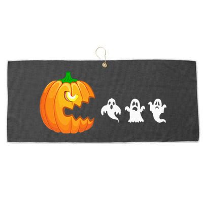 Funny Halloween Pumpkin Eating Ghost Gamer Large Microfiber Waffle Golf Towel