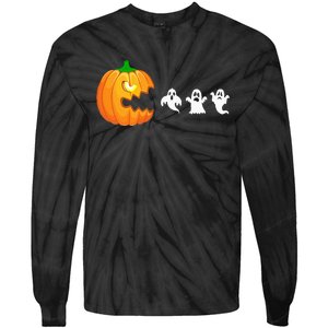 Funny Halloween Pumpkin Eating Ghost Gamer Tie-Dye Long Sleeve Shirt