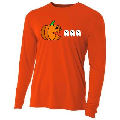 Funny Halloween Pumpkin Eating Ghost Gamer Cooling Performance Long Sleeve Crew